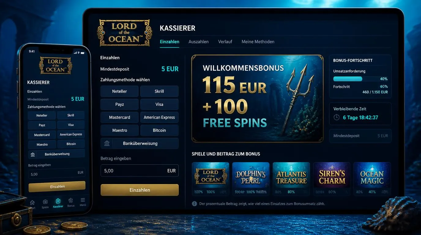 Casino-Kassenbereich mit ausgewähltem Willkommensbonus, Einzahlung und sichtbarem Umsatzfortschritt