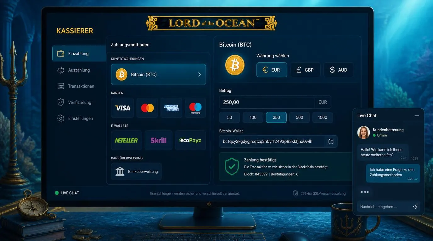 Bitcoin-Wallet neben Casino-Kassenbereich mit Euro-Zahlungsoptionen und aktivem Live-Chat