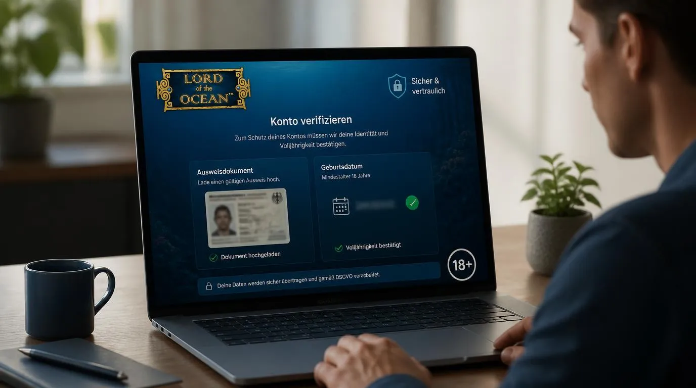 Person prüft auf einem Laptop die Altersverifizierung mit deutschem Ausweis und Sicherheitsstatus