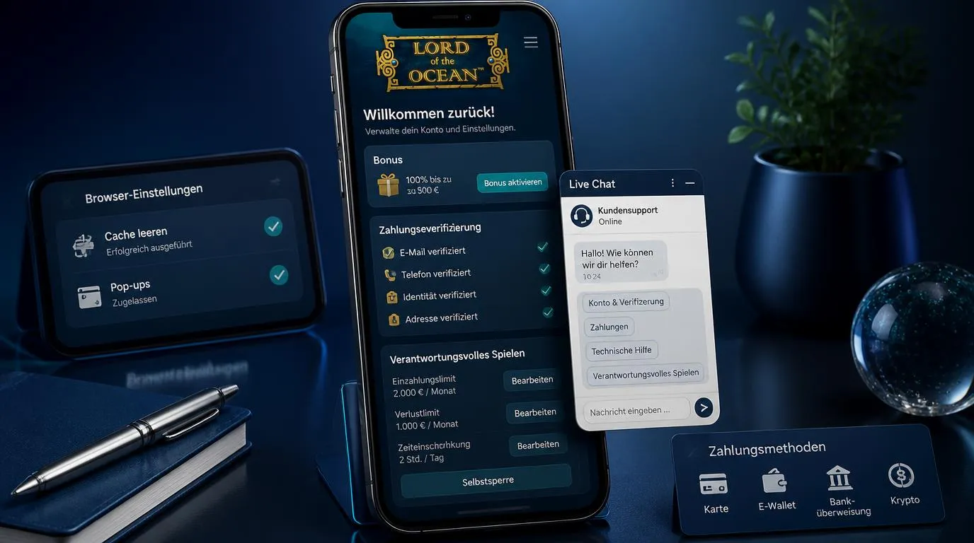 Smartphone mit Casino-Konto, Zahlungsprüfung, Bonusbereich und geöffnetem Live-Chat