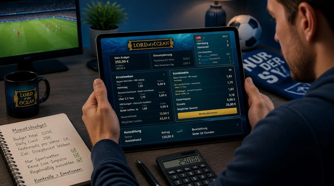 Sportwetter plant Einsätze mit Budgetübersicht, Quotenanzeige und markierten Einzelwetten auf einem Tablet