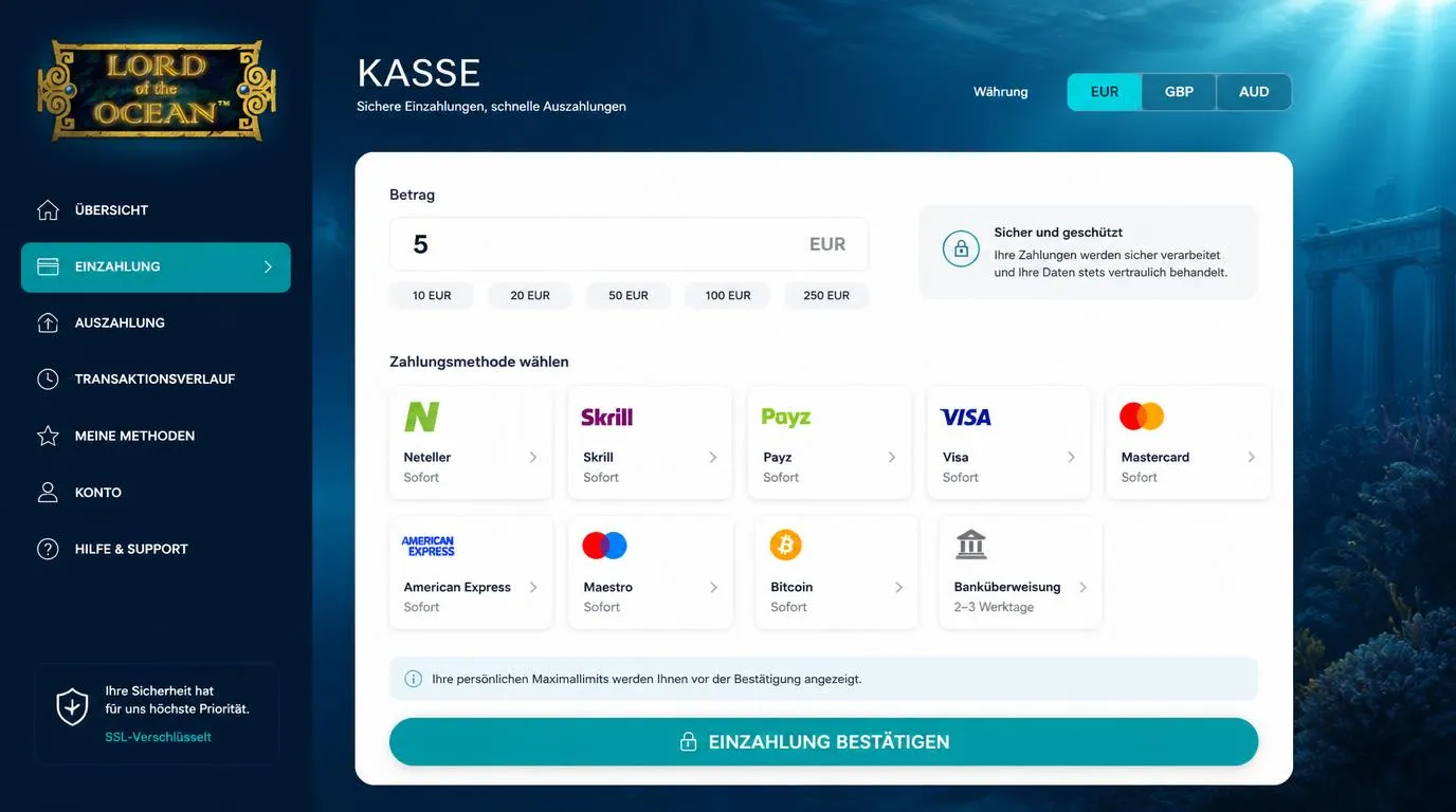 Kassenansicht mit Zahlungsarten, Mindesteinzahlung von 5 Euro und Betragsfeld
