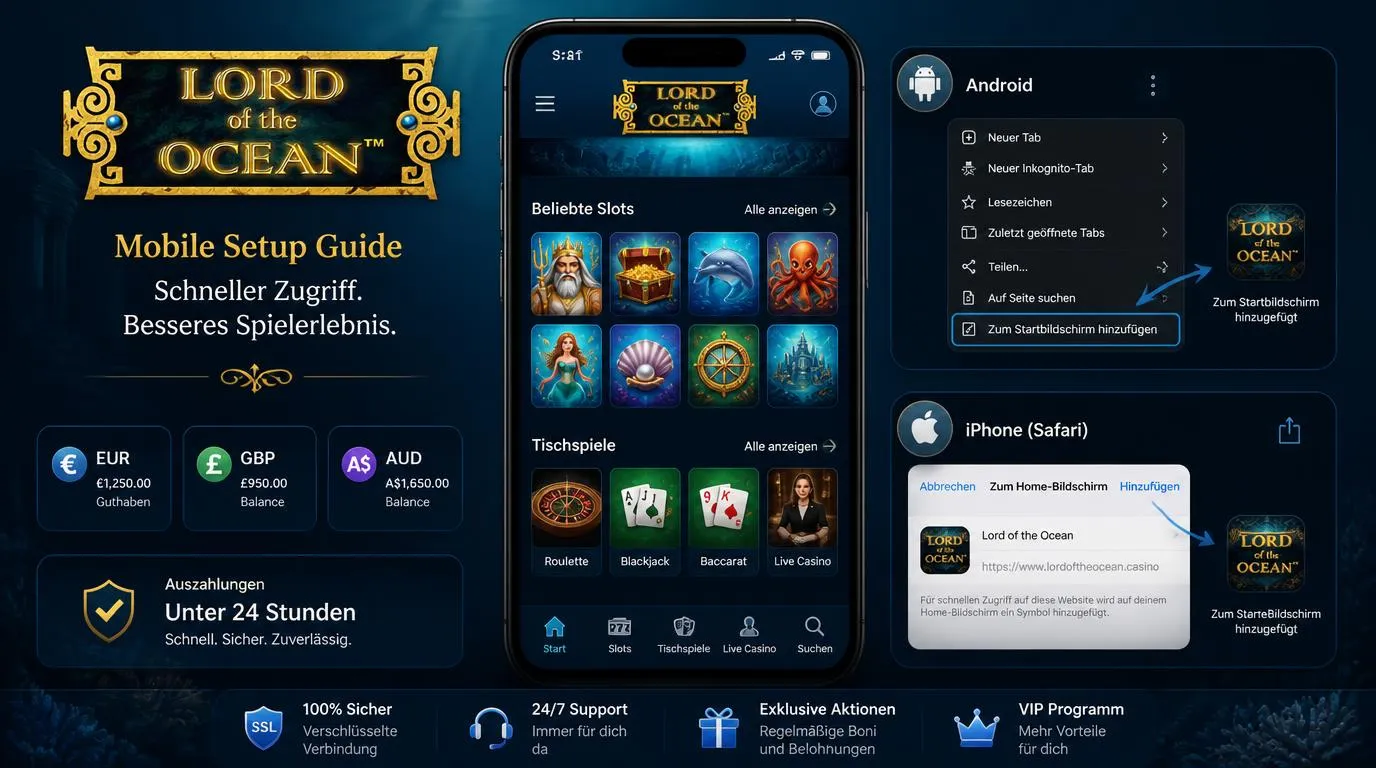 Smartphone mit Casino-Browseransicht und Anleitung zum Hinzufügen einer Verknüpfung auf den Startbildschirm