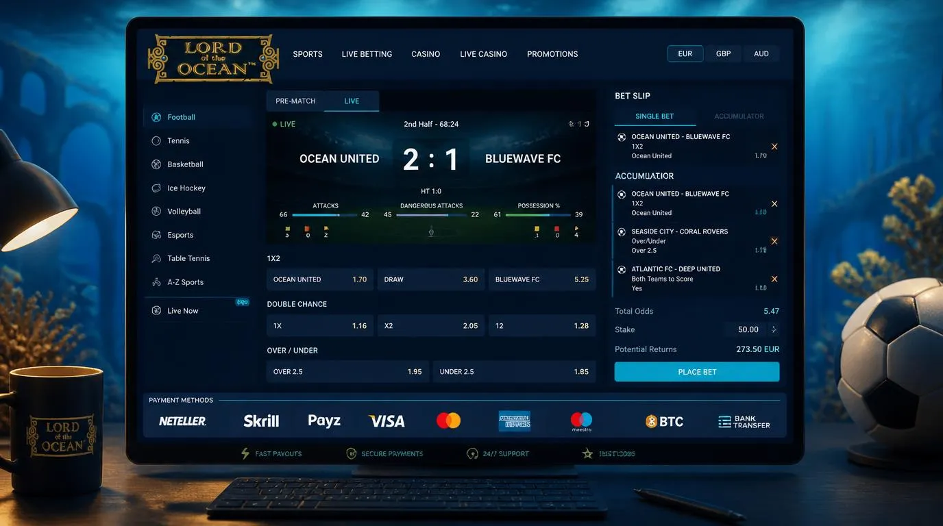 Live-Wettschein mit Fußballmärkten, Dezimalquoten und Zahlungsoptionen auf einem Bildschirm