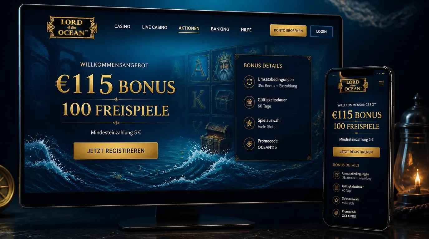 Bonusbereich mit €115 Willkommensguthaben, 100 Freispielen und Mindesteinzahlung von 5 €
