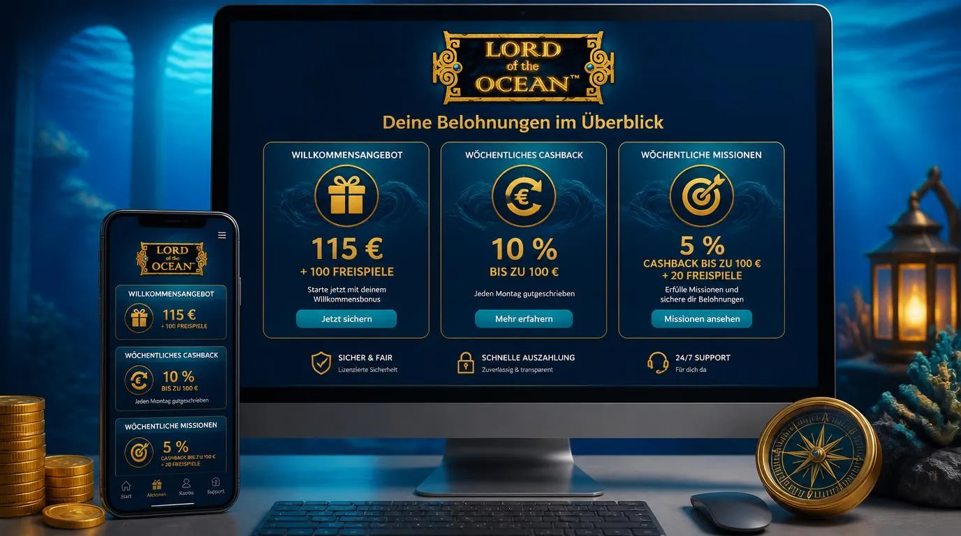 Bonusübersicht eines Online-Casinos mit Willkommensbonus, Cashback und wöchentlichen Missionen