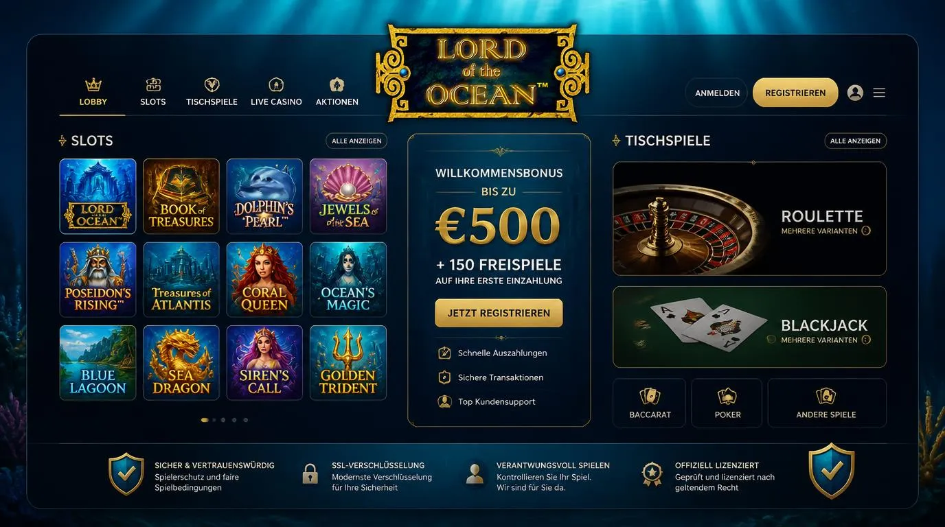 Casino-Lobby mit Slotspielen, Tischspielen, Bonusbereich und Sicherheitszeichen für deutsche Nutzer
