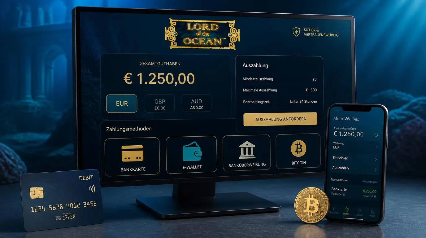 Casino-Kassenbereich mit Euro-Wallet, Bankkarte, E-Wallet und Überweisungsoptionen für deutsche Nutzer