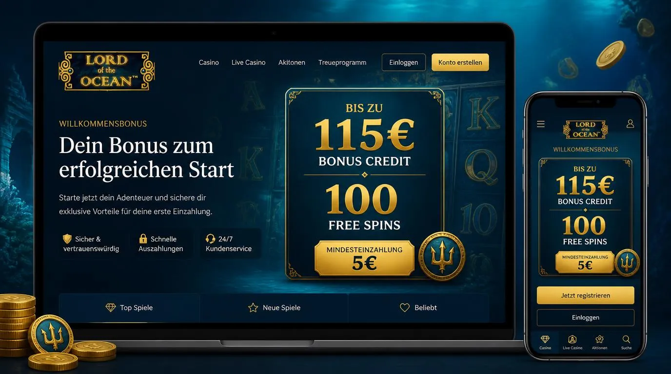 Willkommensbonus mit €115 Spielguthaben, 100 Freispielen und 5€ Mindesteinzahlung auf Casino-Oberfläche